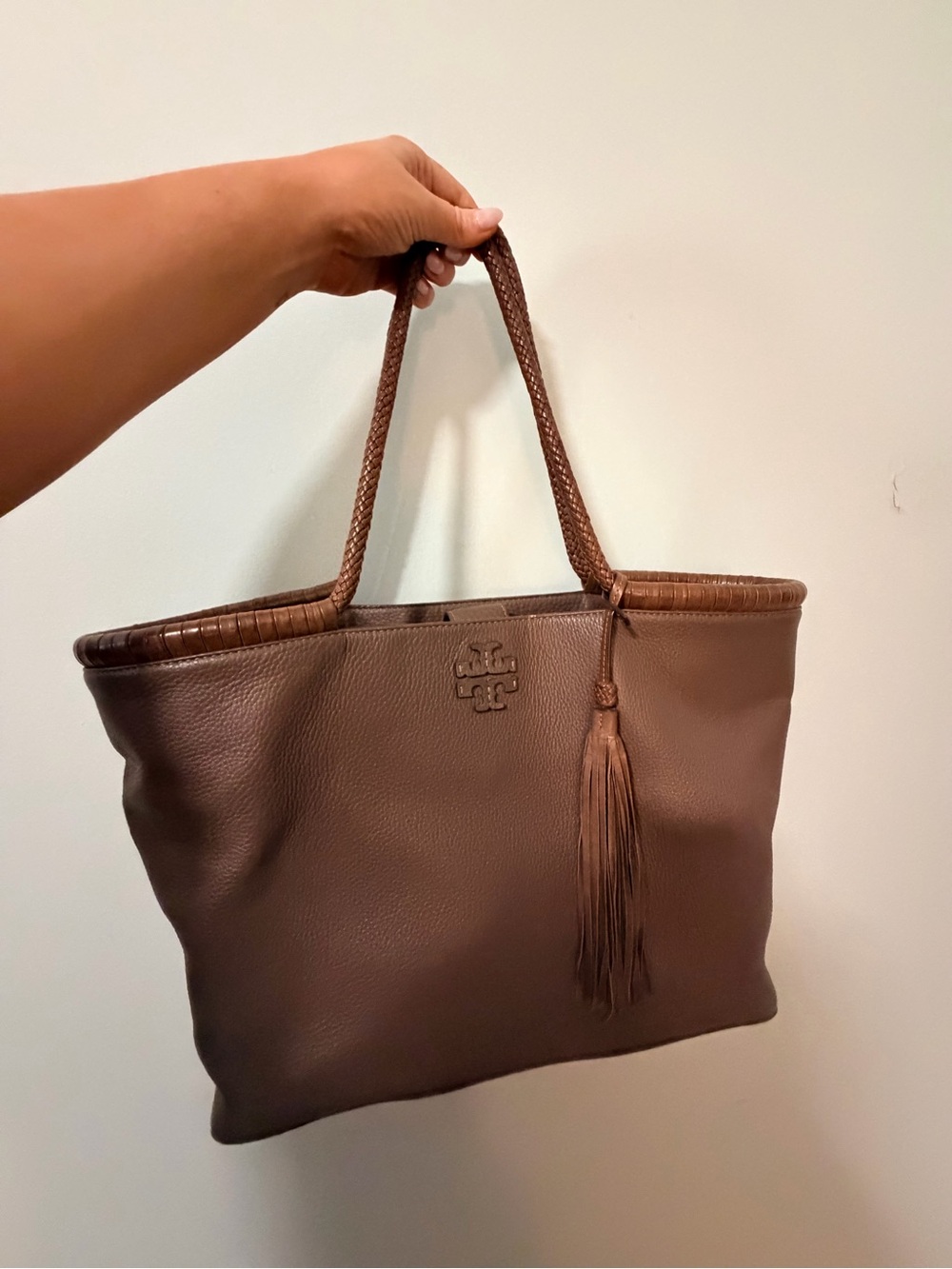 Tory Burch Brown Pebbled Leather Tote with Tassel